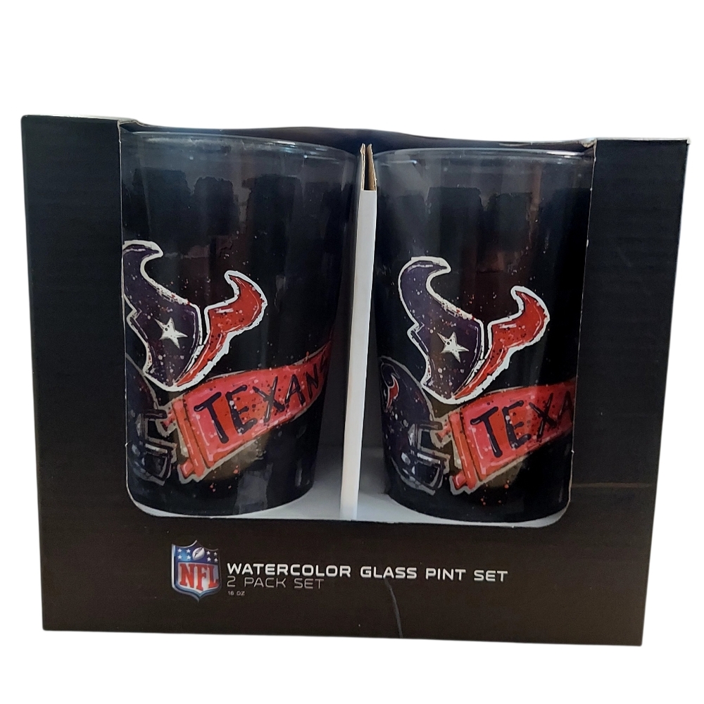 Houston Texans Pint Glass Set of 2 Watercolor Print Logo New NFL